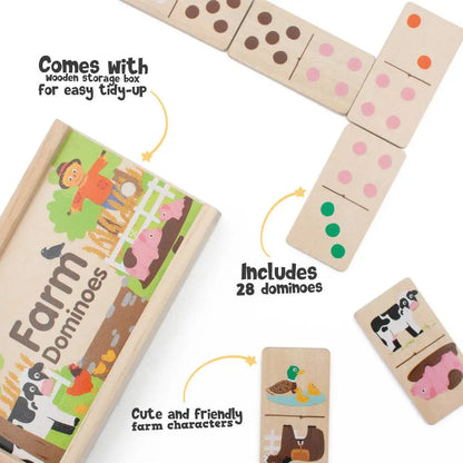 Wooden farm-themed dominoes set with packaging on a white background
