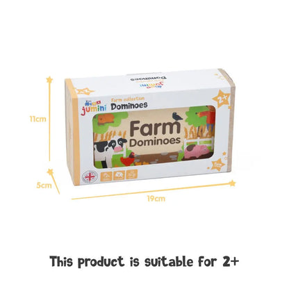 Box of Farm Dominoes game with dimensions and suitability for 2+ years on a white background