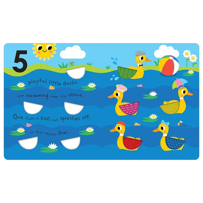 Children's educational board with five ducks swimming in water, a ball, and text.