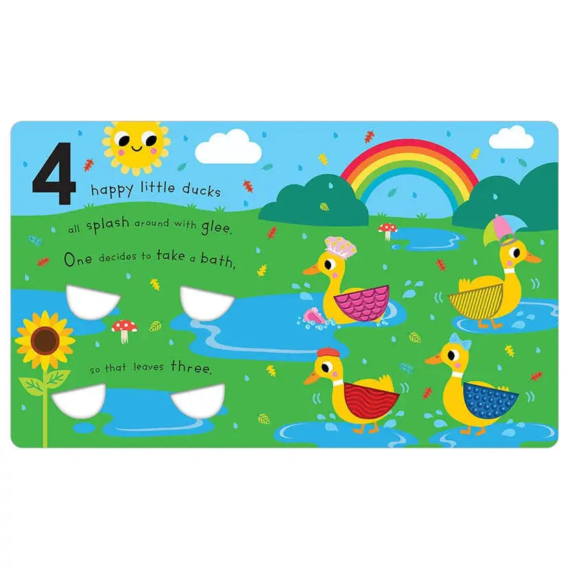 A colourful children's board book or activity board page with a playful duck scene. The page shows four cartoon ducks in a pond with a rainbow, sun, flowers, and text reading '4 happy little ducks' and a partially hidden nursery rhyme.