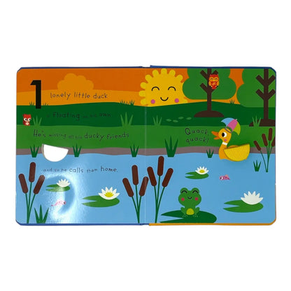 A children's picture book spread showing a colourful pond scene with a numbered page, including a duck, frog, lily pads, reeds, trees, and a smiling sun.
