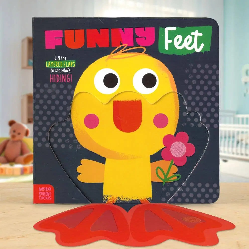 Children's book titled 'Funny Feet' with a yellow character on the cover, set against a blurred indoor background.