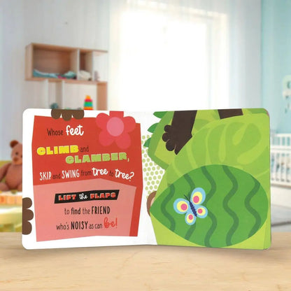 Children's book with frog illustration and text on a wooden surface