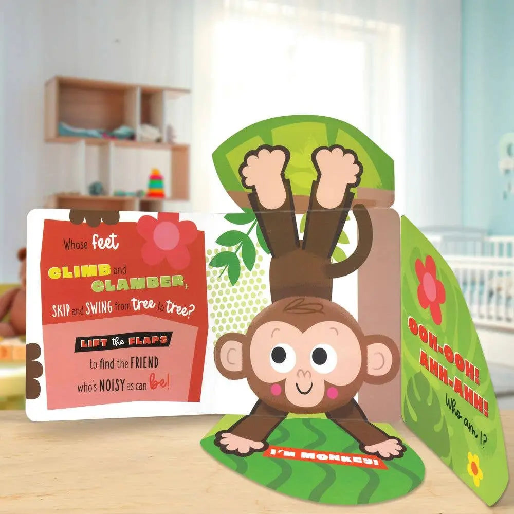 Children's book with a monkey character on a wooden surface