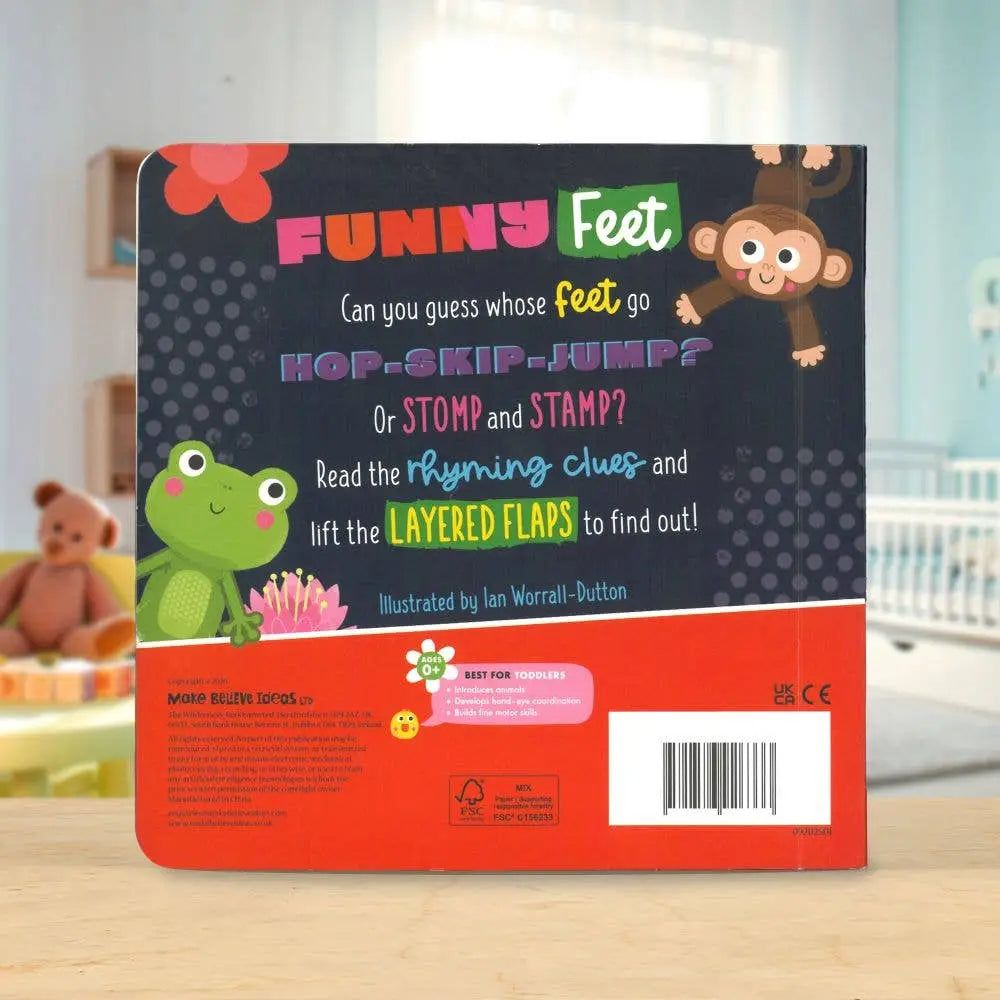 Back cover of a children's book titled 'Funny Feet' with illustrations of a frog and monkey on a wooden surface.