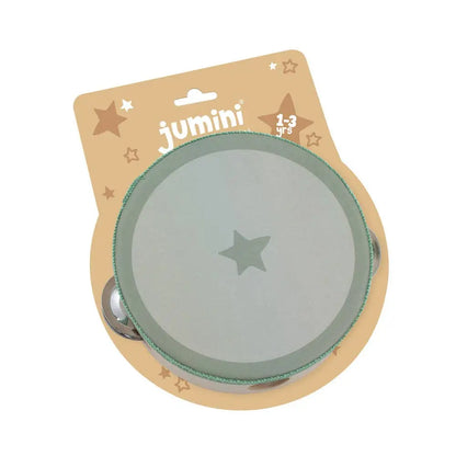 A Jumini baby tambourine toy in its original packaging, featuring a round sage green drum with a star cut-out in the centre and silver metal bells on the sides.