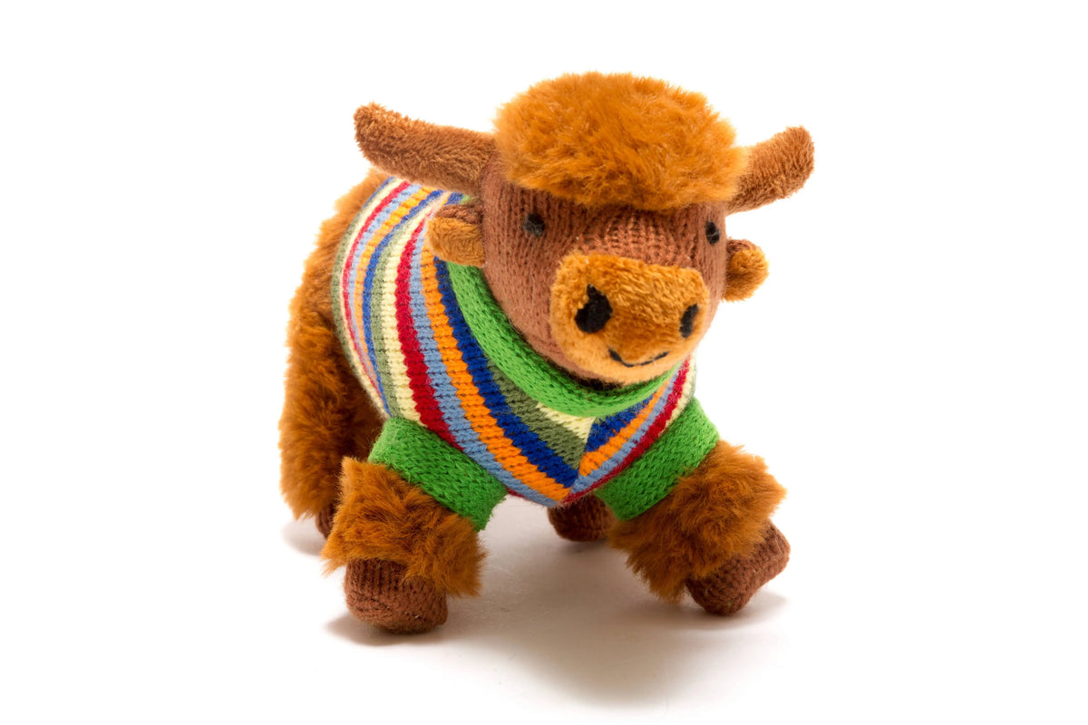 Stuffed animal toy with a colourful sweater on a white background