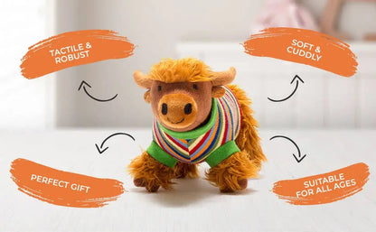 Stuffed animal toy with a colourful sweater on a white background, featuring text descriptors.
