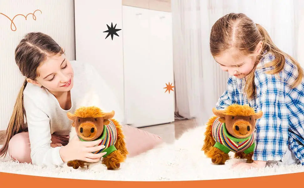 Two children playing with plush toys on a carpeted floor.