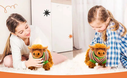 Two children playing with plush toys on a carpeted floor.