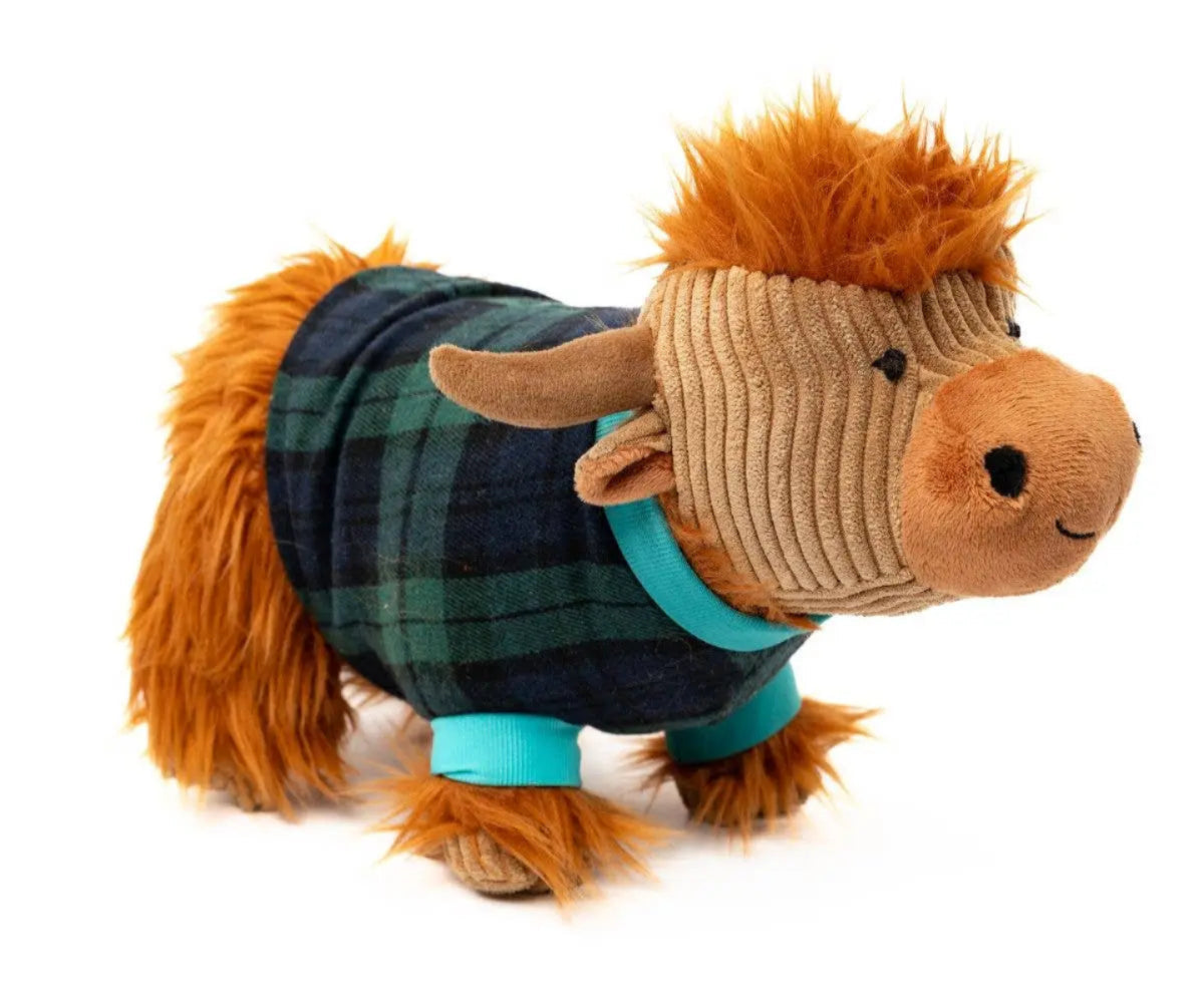 Plush highland cow toy wearing a plaid shirt on a white background