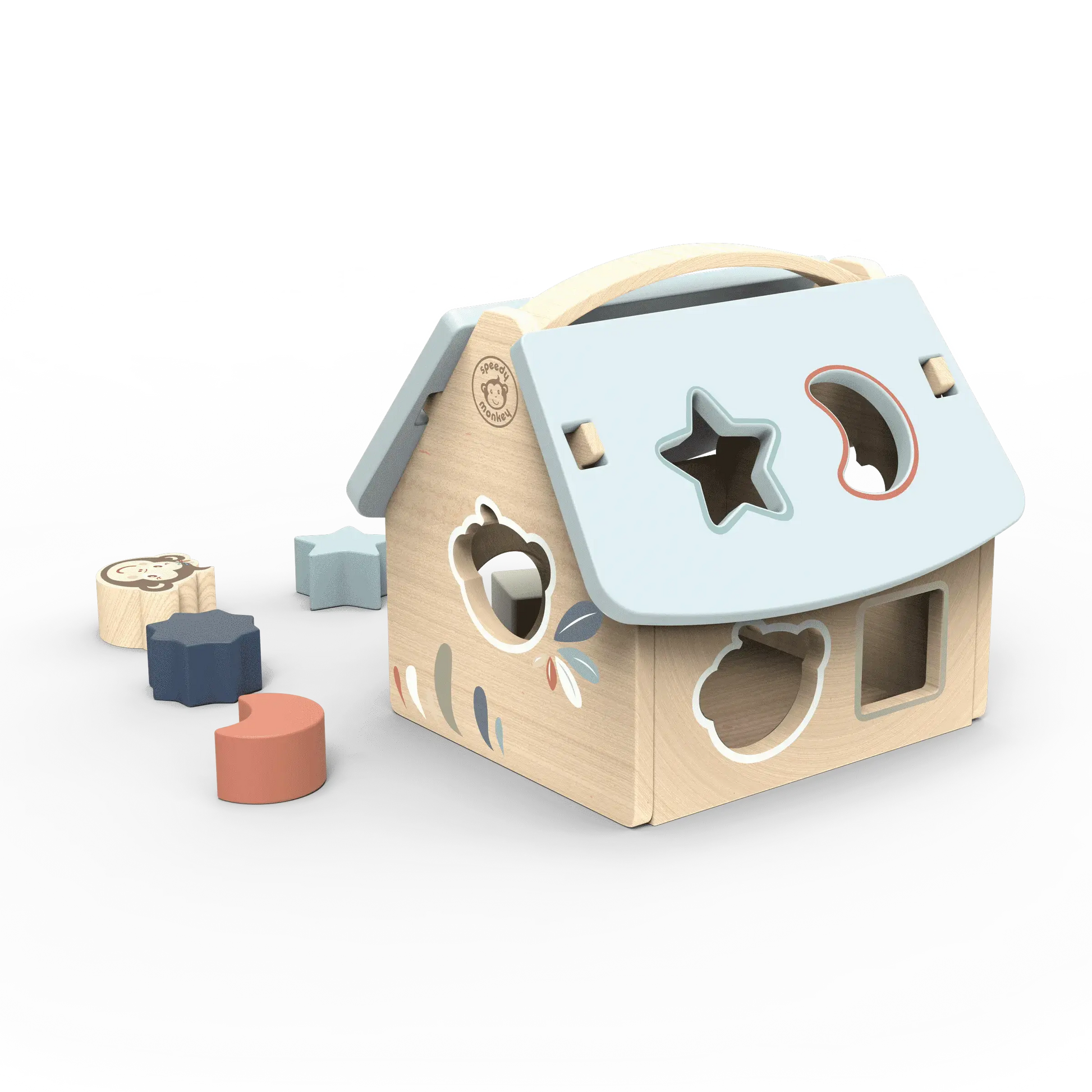 Wooden shape sorting toy with colourful blocks on a white background