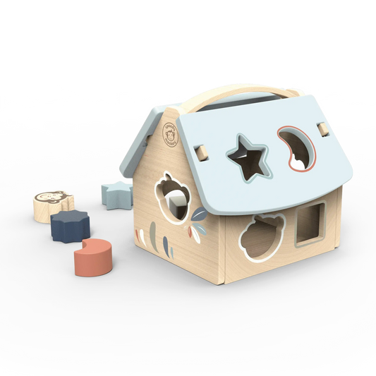 Wooden shape sorting toy with colourful blocks on a white background