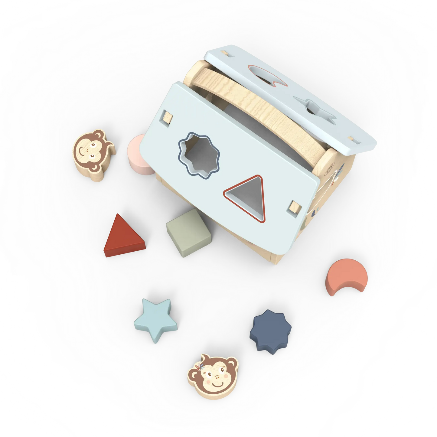 Children's toy with colourful geometric shapes on a white background