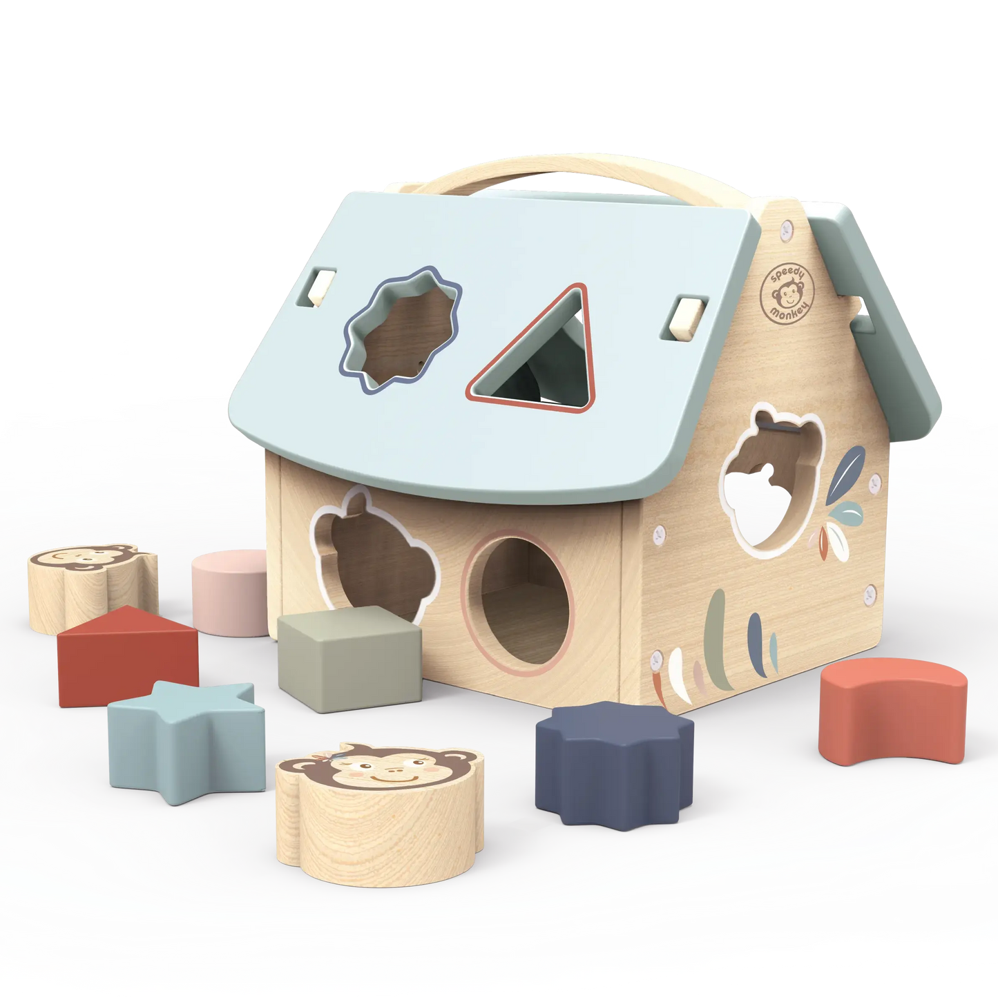 Wooden shape sorting house toy with colourful geometric blocks on a white background