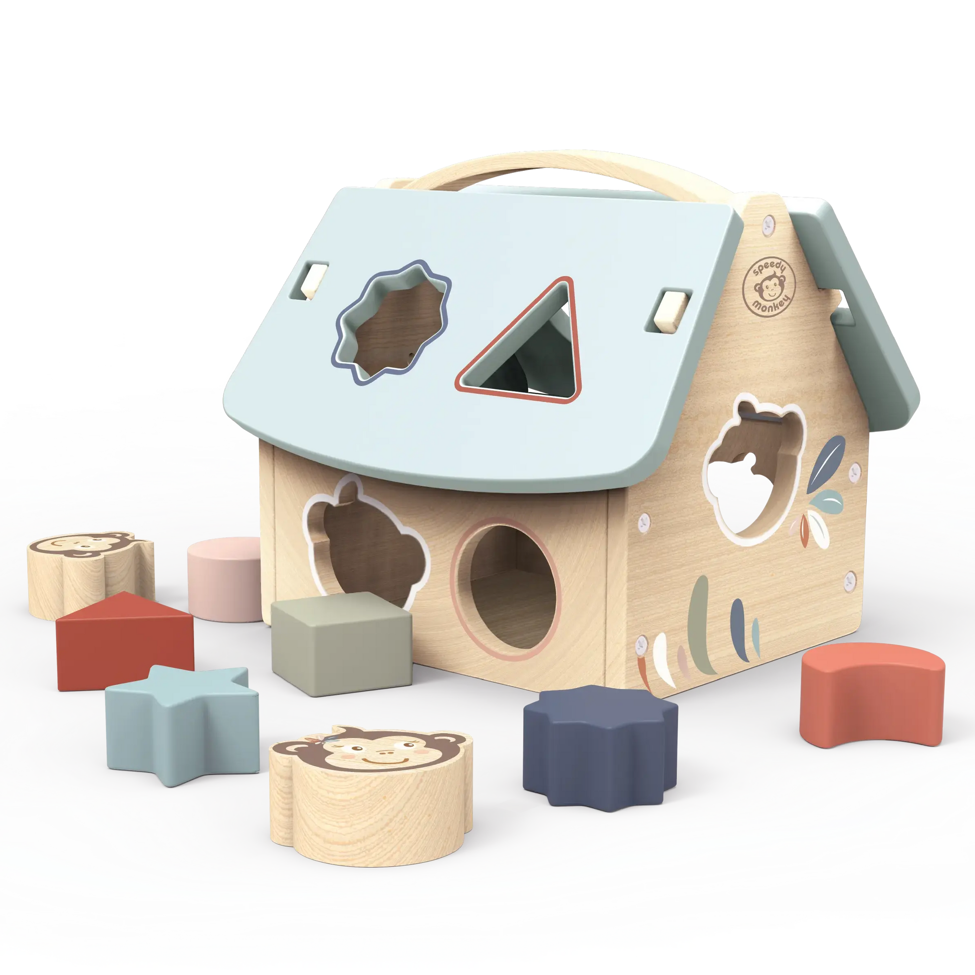 Wooden shape sorting house toy with colourful geometric blocks on a white background