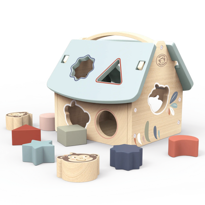 Wooden shape sorting house toy with colourful geometric blocks on a white background