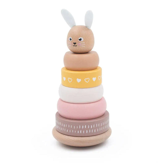 Stack of colourful wooden rings with a bunny design on a white background