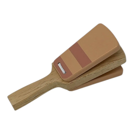Wooden clapper with tan and brown rectangular heads, shown overlapping on a plain white background.