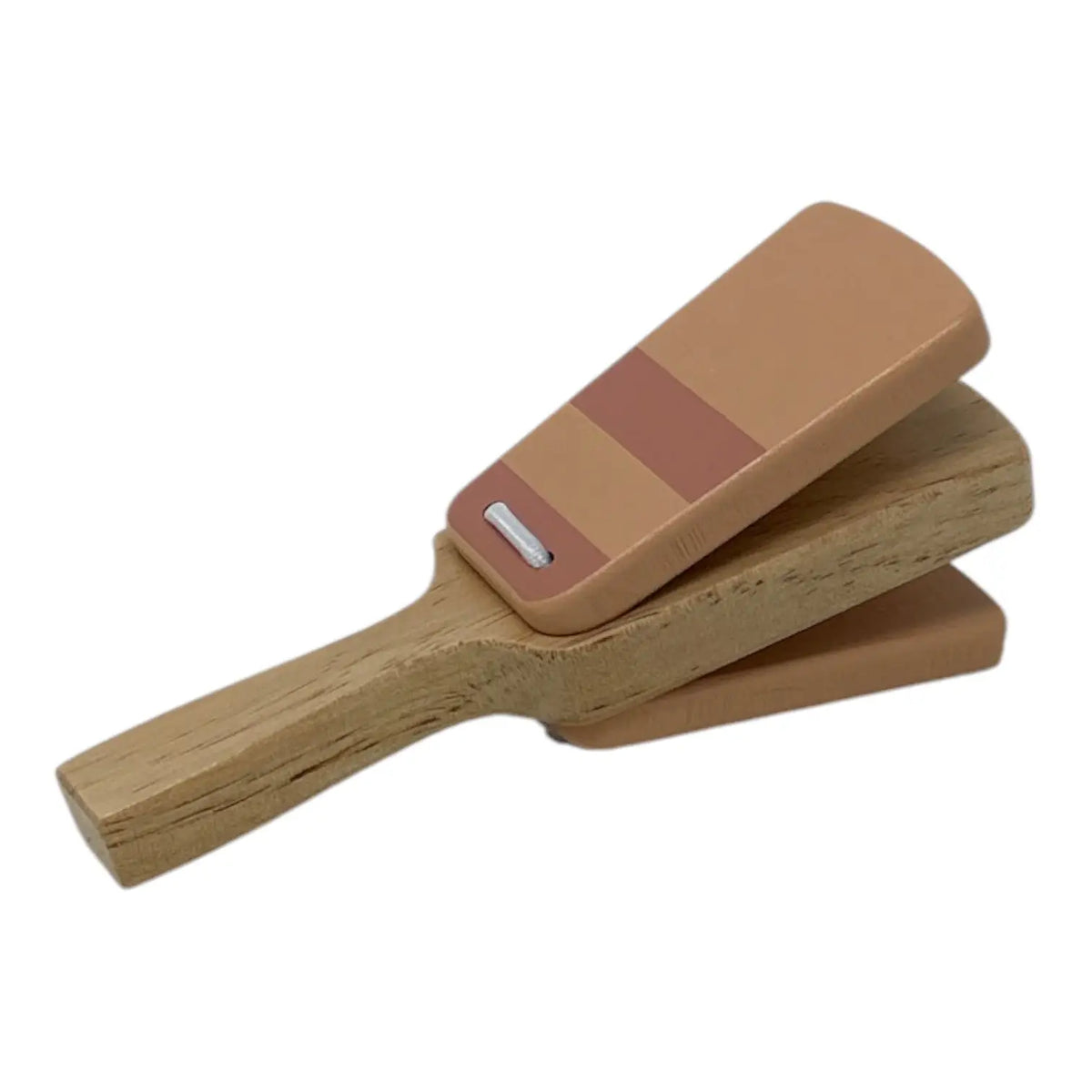 Wooden clapper with smooth, colour-blocked tops in shades of tan, brown, and dusty rose, shown on a plain white background.