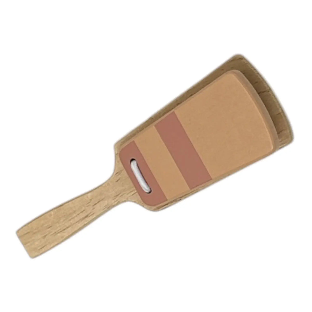 A wooden clapper with a light natural wood handle and a rectangular bristle head featuring a tan, brown, and dusty rose colour-blocked design, isolated on a white background.
