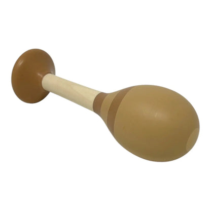 A wooden toy maraca with a smooth, rounded tan head, a natural wood handle, and a darker brown circular end, shown on a plain white background.