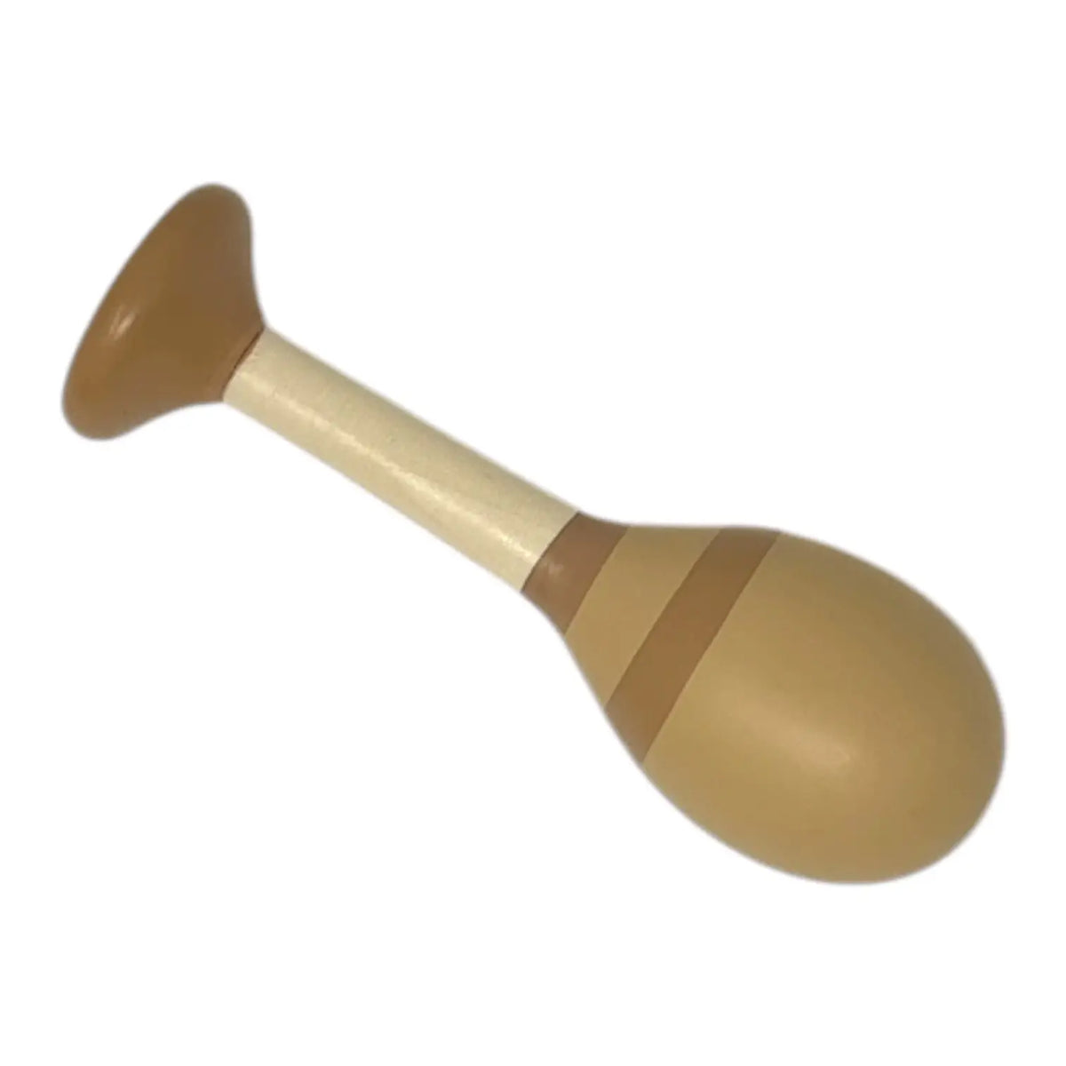 A wooden toy maraca with a light beige handle, a medium brown middle band, and a darker brown flared end, shown on a plain white background.