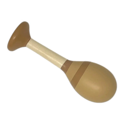 A wooden toy maraca with a light beige handle, a medium brown middle band, and a darker brown flared end, shown on a plain white background.
