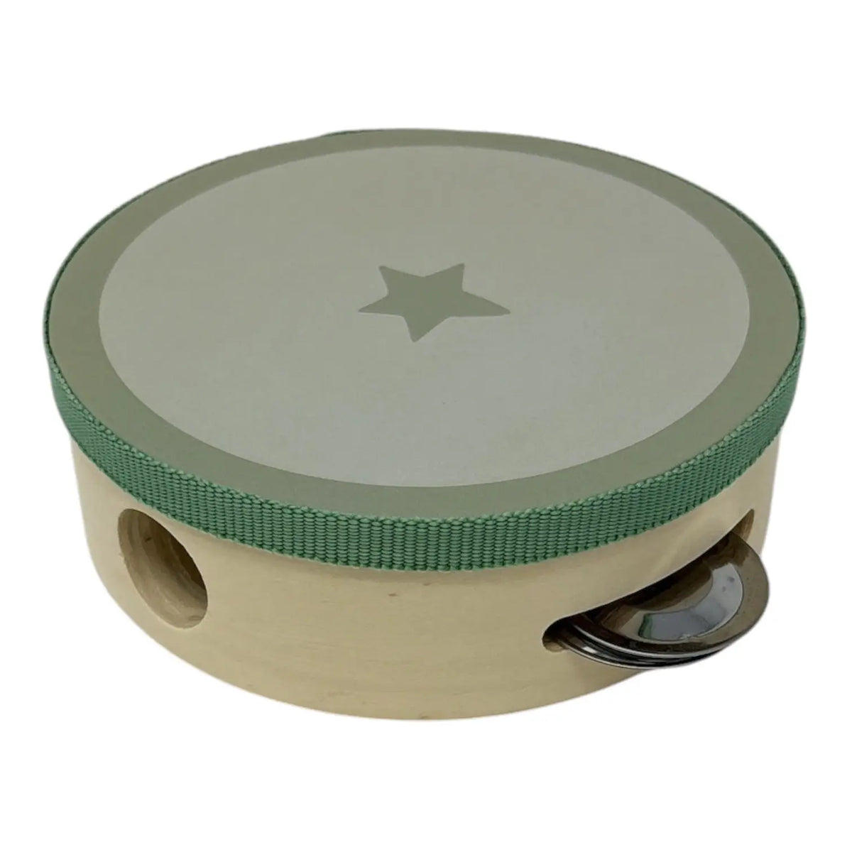 A small tambourine with a light beige wooden body, a green textured trim, and a light grey drum head featuring a star cut-out, shown on a white background.