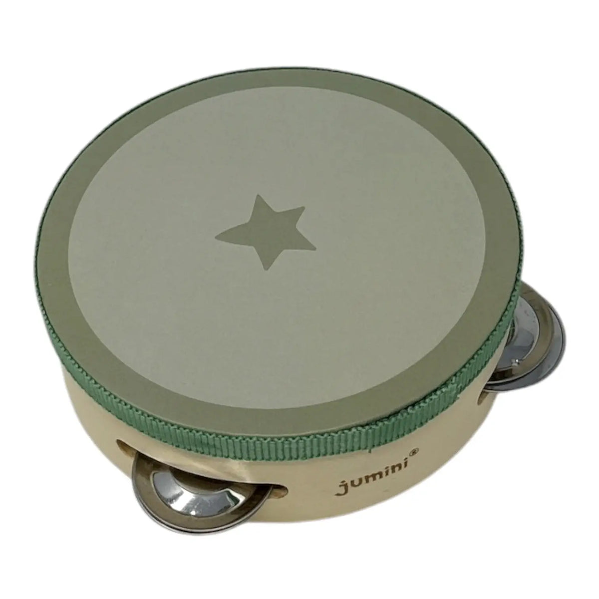 A small round tambourine with a light beige body, sage green trim, and a beige drumhead featuring a star emblem, shown on a white background.