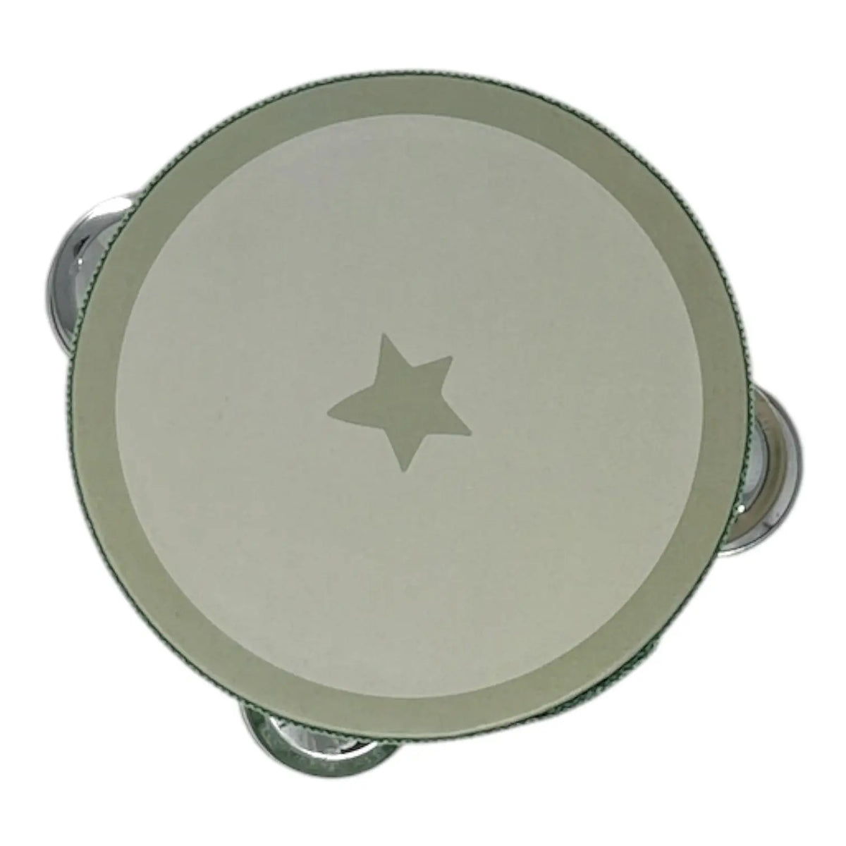 A round hand drum with a light beige drumhead, a matching beige rim, a green fabric edge, and silver metal jingles, shown from a top-down view on a white background.