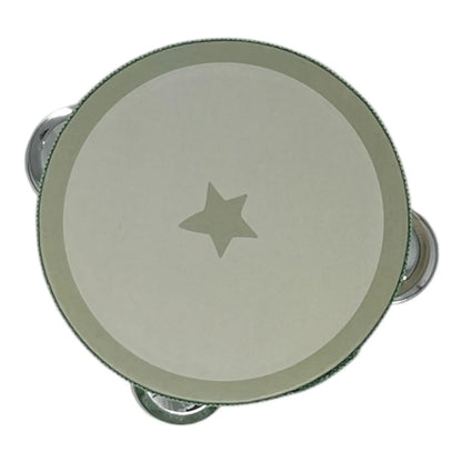 A round hand drum with a light beige drumhead, a matching beige rim, a green fabric edge, and silver metal jingles, shown from a top-down view on a white background.