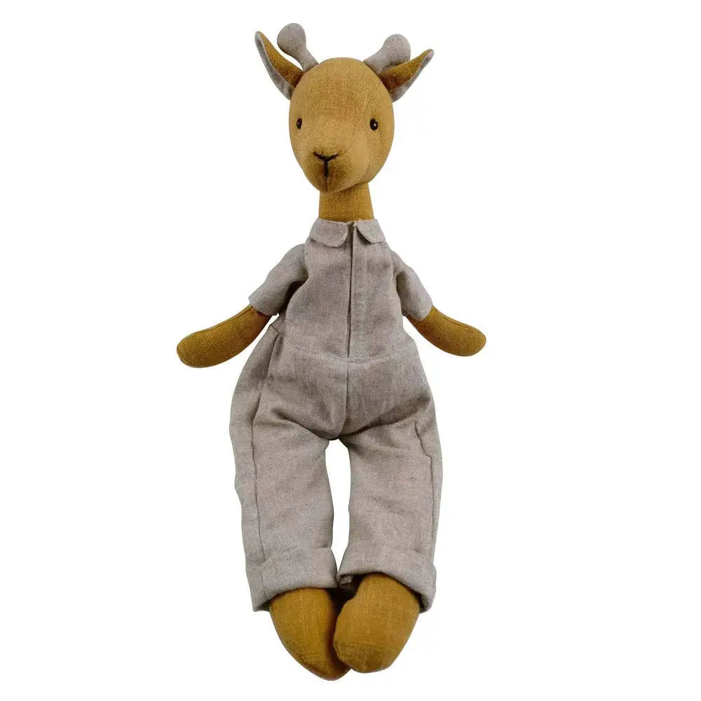 A plush stuffed giraffe animal shaped like a giraffe wearing light grey linen-style overalls, shown against a plain white background.