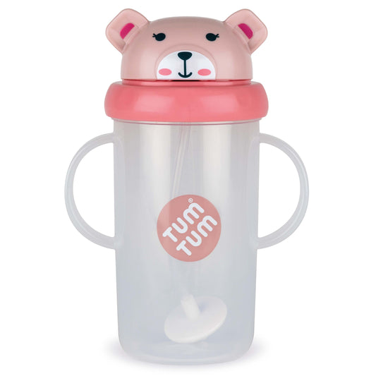 Children's sippy cup with bear design and 'tum tum' branding