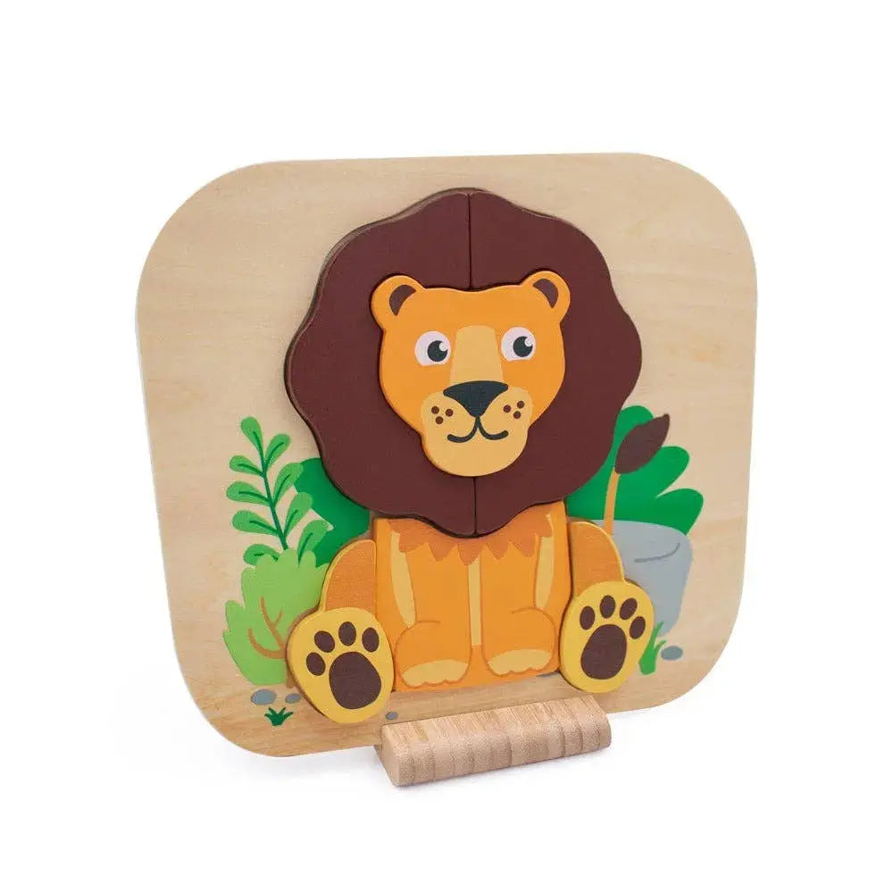 Wooden lion puzzle toy on a white background