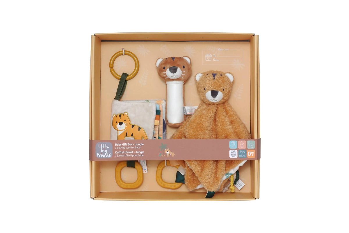 A baby sensory gift set by Little Big Panda, featuring a plush teddy bear security blanket, a tiger-themed teething ring, a fabric book, and a rattle, all neatly arranged inside a light brown cardboard box with a brown paper band.