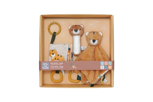 A baby sensory gift set by Little Big Panda, featuring a plush teddy bear security blanket, a tiger-themed teething ring, a fabric book, and a rattle, all neatly arranged inside a light brown cardboard box with a brown paper band.