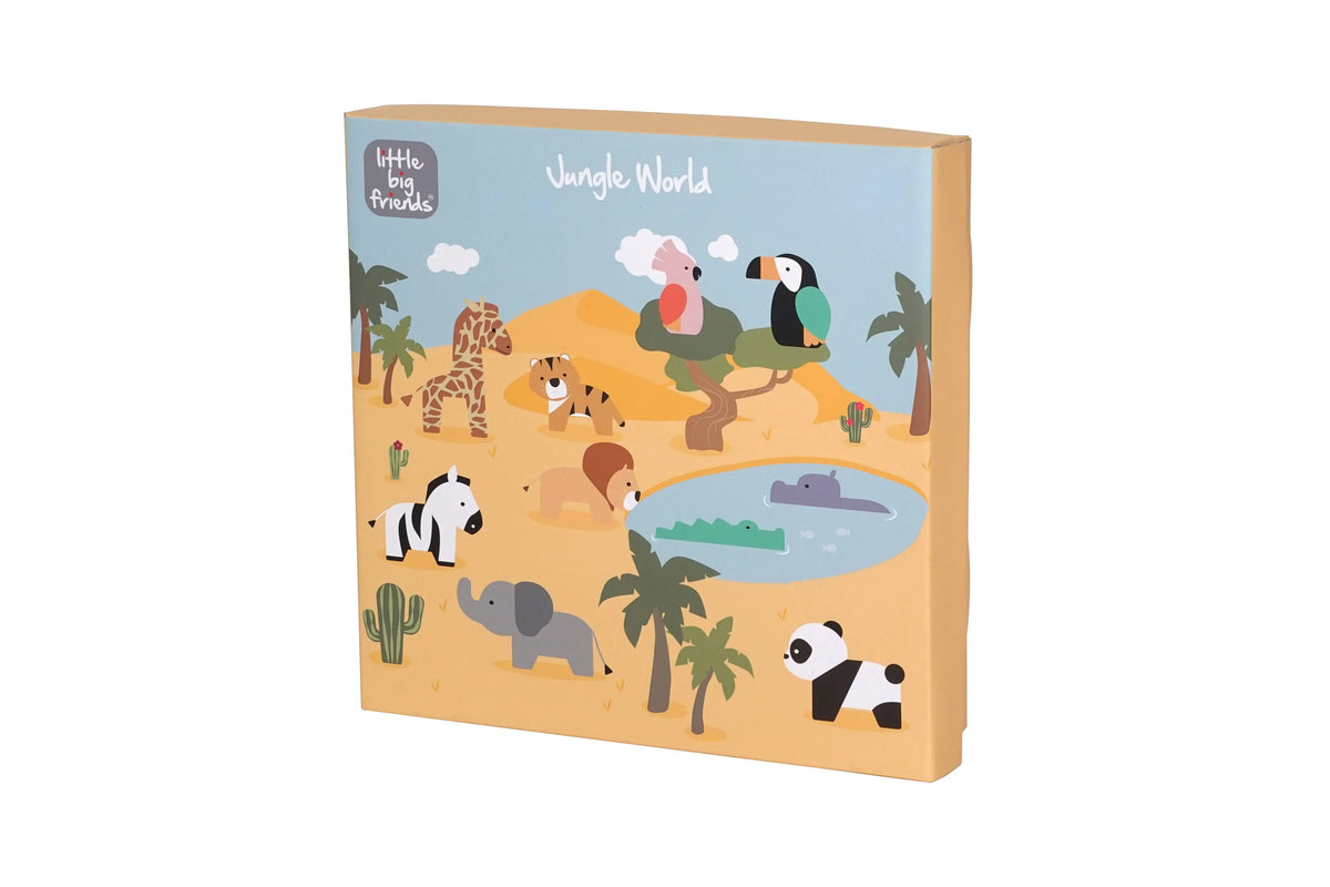 Children's book titled 'Jungle World' with illustrations of animals on a white background