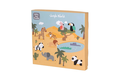 Children's book titled 'Jungle World' with illustrations of animals on a white background