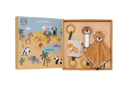Little Big Brands Jungle World baby gift set, featuring an illustrated box with safari animals and a matching set inside: a plush lion security blanket, a rattle, a small pouch, and a soft toy, all arranged in a light wood tray on a white background.