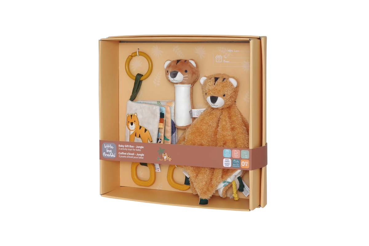 A boxed baby sensory toy set by Little Big Friends, featuring a plush tiger security blanket, a tiger-shaped teething ring, a fabric book, and a yellow ring toy, all arranged inside a tan cardboard gift box with a brown paper band.