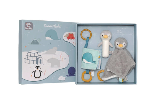 Baby toy set with penguin design in a box labelled 'Little Big Friends'.