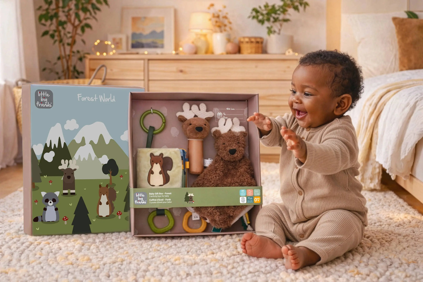 Baby playing with toys from a 'Forest World' toy set in a cozy room.