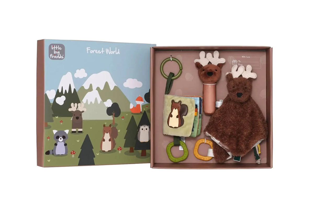 Set of baby toys with a plush moose, teether, and book in a 'Forest World' themed box.