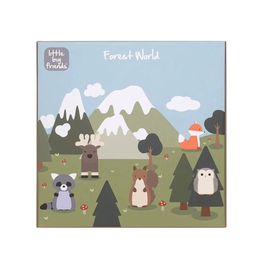 A square children's box titled 'Forest World' by Little Big Friends, featuring a colourful cartoon forest scene with animals, trees, mountains, and a fox on a light grey background.