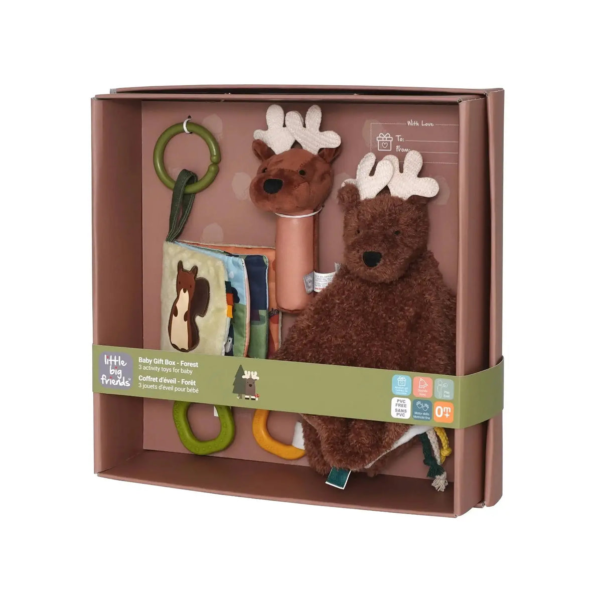 Set of baby toys including a plush moose and rattles in a brown box with a green tag.