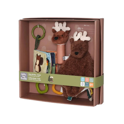 Set of baby toys including a plush moose and rattles in a brown box with a green tag.