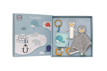 Baby toy set with penguin design in a box labelled 'Little Big Friends'.