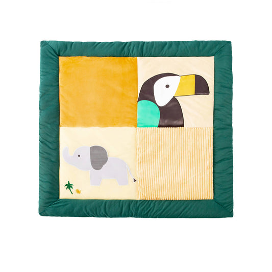 Children's soft play mat with toucan and elephant designs on a white background