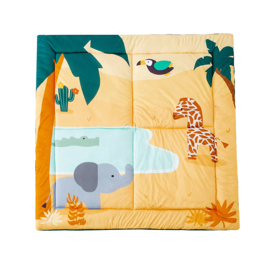 Children's quilt with animal illustrations on a white background